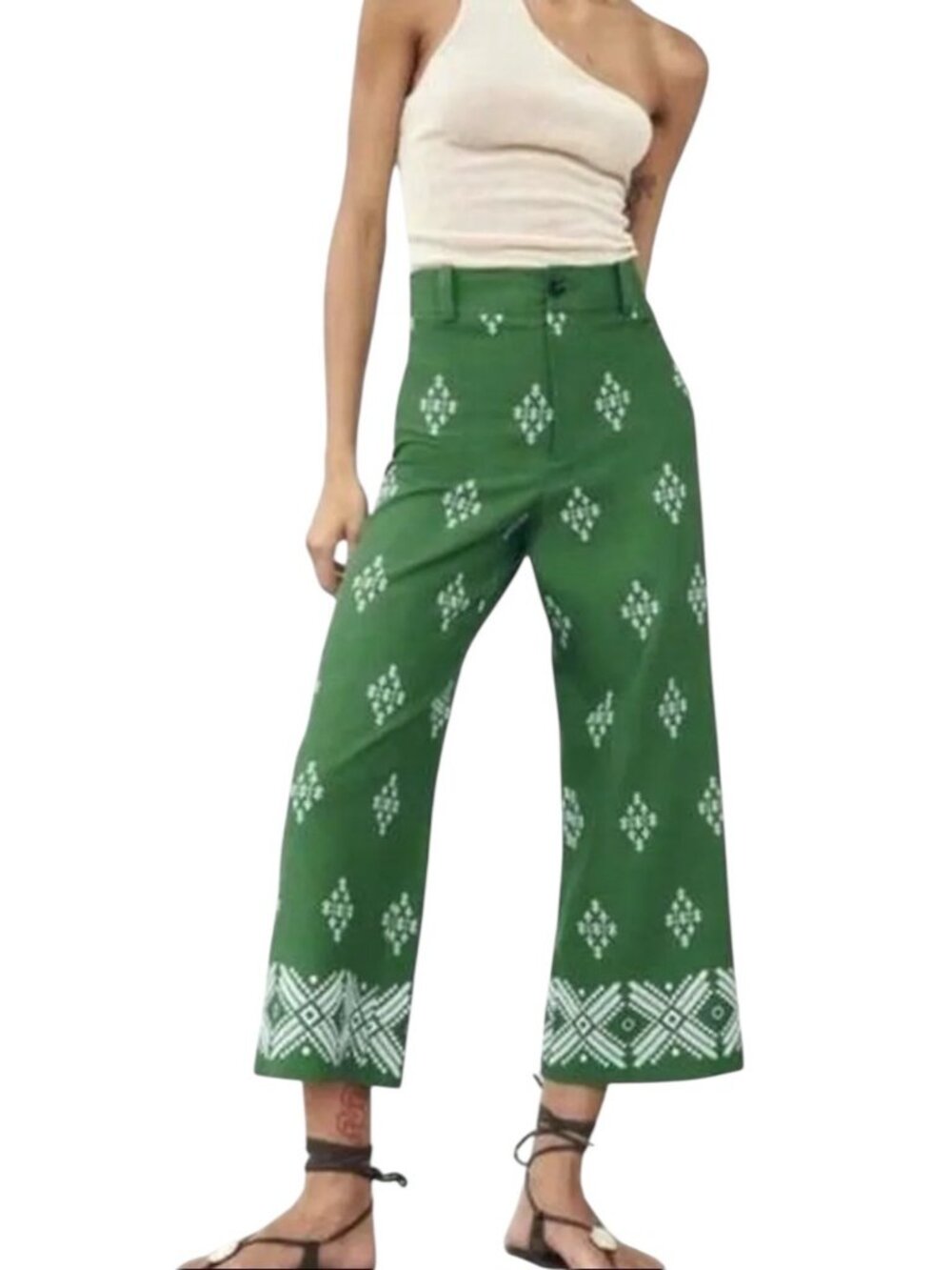 Haute Hippie Embroidered Linen Blend Pants Green Size 8 Boho Coastal Festival